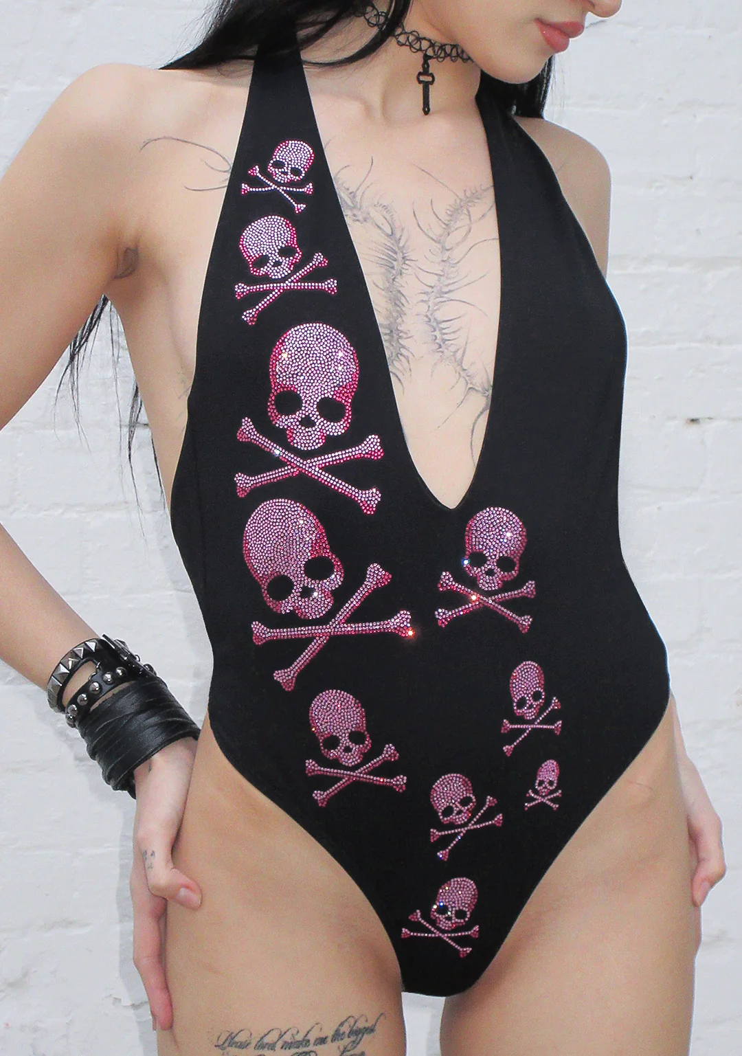 CRYPTIC RHINESTONE BACKLESS HALTER SWIMSUIT BLACK - Image 2