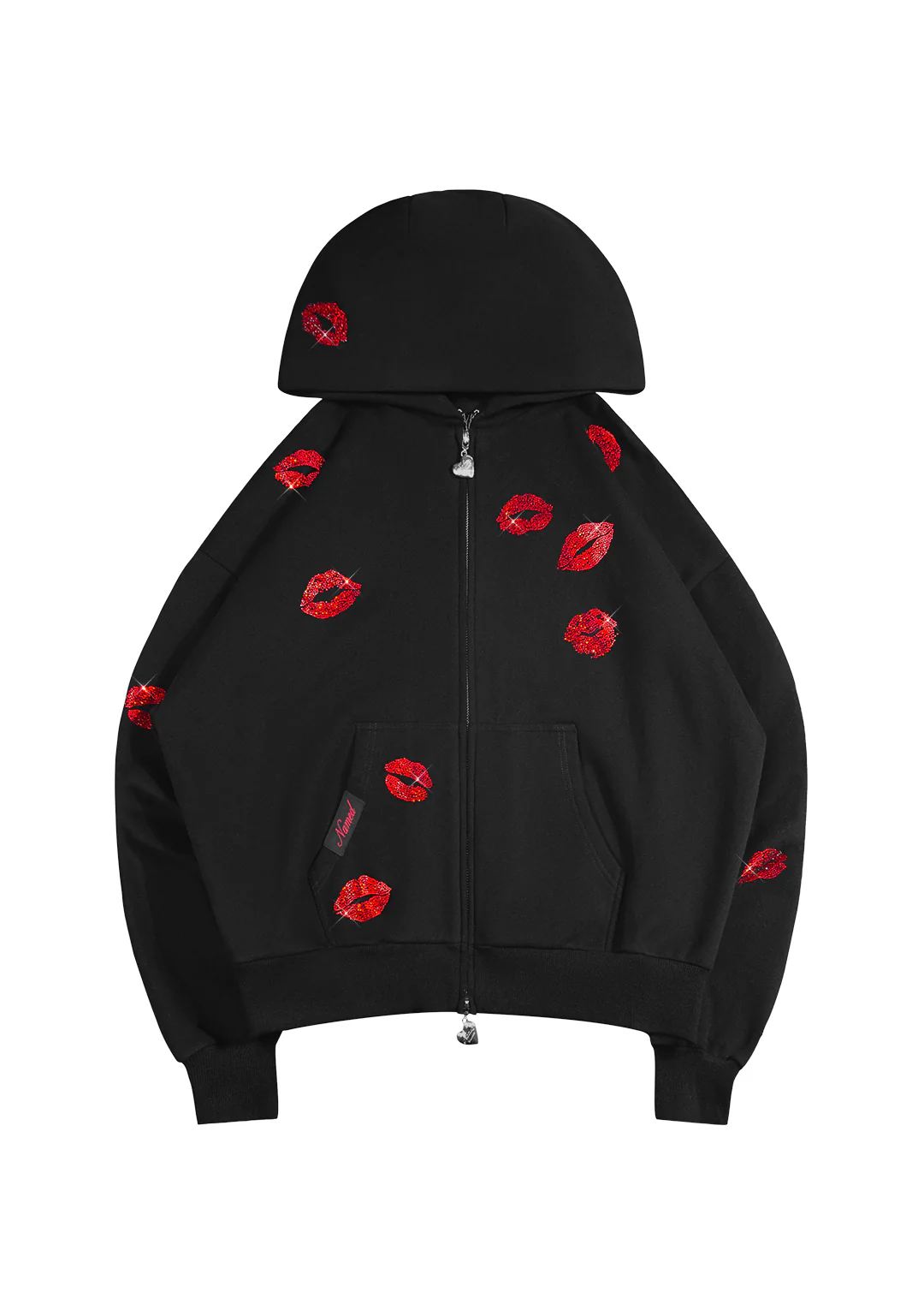 TEASE RHINESTONE KISS ZIP HOODIE BLACK
